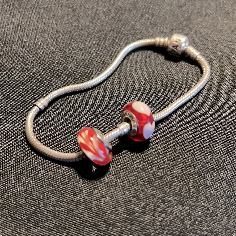 Pandora Bracelet with 2 Murano Glass Charm Beads